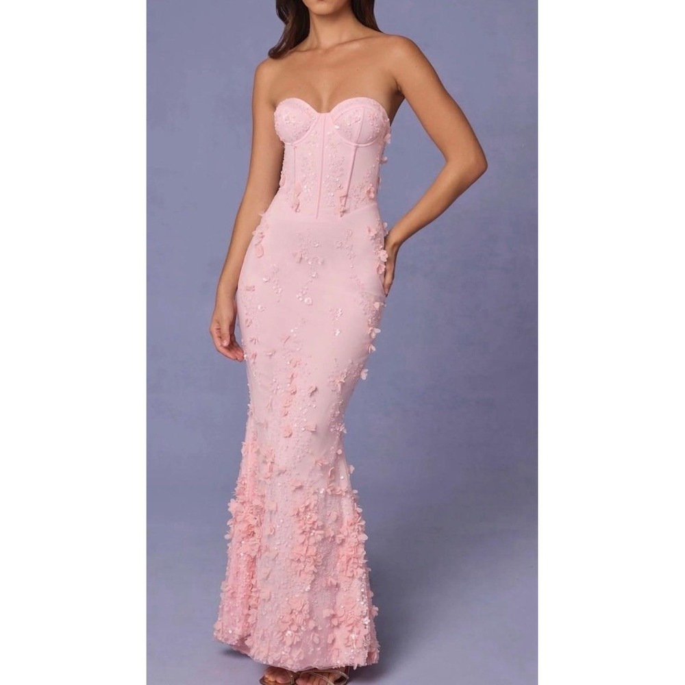 Oh Polly Pink 3D Floral Sequin Corset Maxi Dress Lace Up Back Prom Gown US 8 NWT